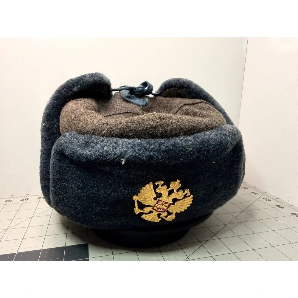Soviet Russian Navy Uniform Black Ushanka Faux Fur Winter Hat Size 58 USSR #A